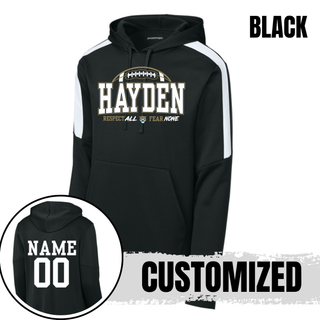 Black and white Sport-Tek Fan Favorite hoodie with Hayden Wildcats Arch design and custom back print
