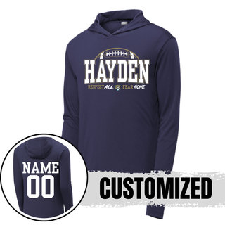 True navy Sport-Tek PosiCharge Competitor Hoodie back view with customizable name and number
