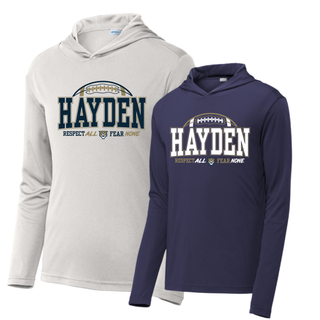 Hayden Wildcats Arch football hoodie shown in silver and true navy with Respect All Fear None graphic
