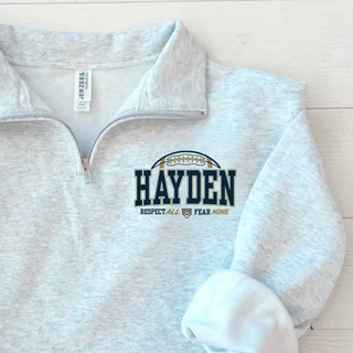 Hayden Wildcats Arch football quarter zip pullover in ash grey with Respect All Fear None graphic

