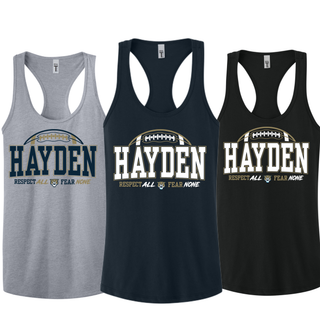 Hayden Wildcats Arch football racerback tank shown in grey, navy, and black with Respect All Fear None graphic
