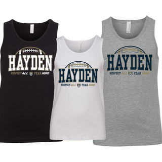 Hayden Wildcats Arch football youth jersey tank shown in black, white, and grey with Respect All Fear None graphic
