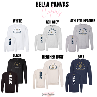 Bella+Canvas color options showing the Hayden Wildcats Arched Wrestling design on several apparel styles, with a vertical name placement on the back.
