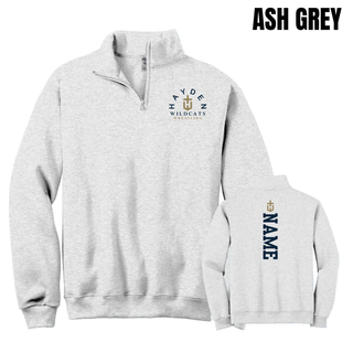 Ash Grey Hayden Wildcats Arched Wrestling cadet quarter-zip shown from the front and back with vertical name personalization.