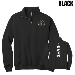 Black Hayden Wildcats Arched Wrestling cadet quarter-zip shown from the front and back with vertical name personalization.