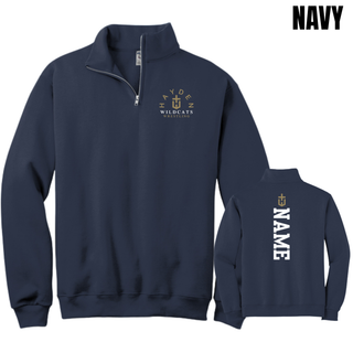 Navy Hayden Wildcats Arched Wrestling cadet quarter-zip shown from the front and back with vertical name personalization.
