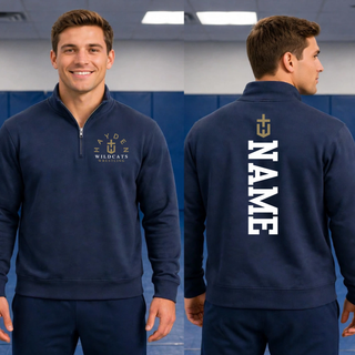 Model wearing the Navy Hayden Wildcats Arched Wrestling cadet quarter-zip, shown from the front and back with vertical name personalization.