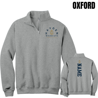 Oxford Hayden Wildcats Arched Wrestling cadet quarter-zip shown from the front and back with vertical name personalization.