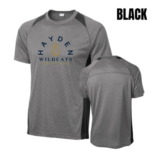 Heather-grey colorblock tee with black raglan and side panels, shown front and back. The front displays the Hayden H-cross Wildcats Wrestling design.