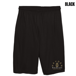 Black Hayden Wildcats Arched Wrestling cooling performance shorts with the gold H crest design printed on the left leg.
