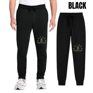 Black Hayden Wildcats Arched Wrestling Core Fleece Joggers shown on a model and in a flat lay.