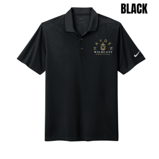 Black Dri-FIT Micro Pique polo with arched Hayden lettering, H-cross emblem, Wildcats, and Wrestling on the left chest.