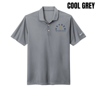 Cool grey Dri-FIT Micro Pique polo with the Hayden H-cross Wildcats design on the left chest.