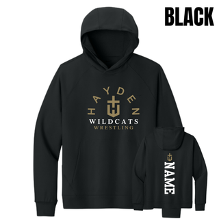 Black Men's Dri-FIT Primary Hoodie shown from the front and back, with Hayden Wildcats Wrestling artwork on the front and a vertical name graphic beneath an H-cross on the back.