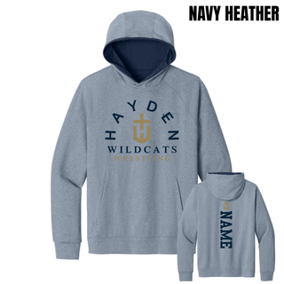 Navy Heather Men's Dri-FIT Primary Hoodie shown from the front and back, with Hayden Wildcats Wrestling artwork on the front and a vertical name graphic beneath an H-cross on the back.