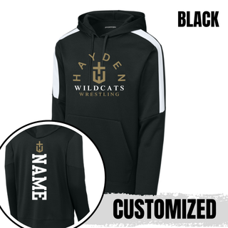 Black Hayden Wildcats Arched Wrestling Fan Favorite colorblock hoodie shown from the front and back, with the team crest and vertical name design.