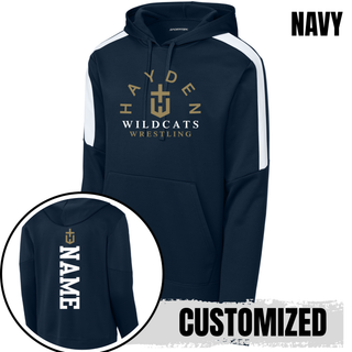 Navy Hayden Wildcats Arched Wrestling Fan Favorite colorblock hoodie showing the front crest and customizable vertical name design on the back.