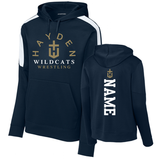 Navy Hayden Wildcats Arched Wrestling Fan Favorite colorblock hoodie shown from the front and back, with the team crest and vertical name design.