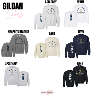 Gildan color options showing the Hayden Wildcats Arched Wrestling design on tops and sweatshirts, with a vertical name placement on the back.