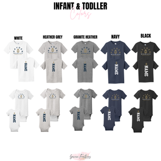 Infant and toddler color options showing the Hayden Wildcats Arched Wrestling design on tees and bodysuits, with a vertical name placement on the back.