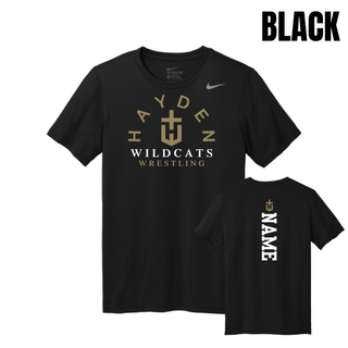 Black Hayden Wildcats Arched Wrestling men's rLegend tee shown from the front and back, with the team crest and vertical name design.