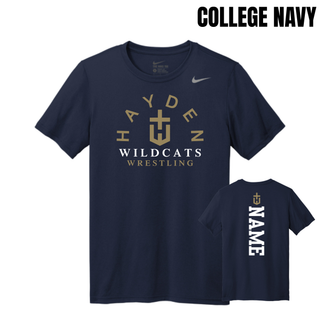 College Navy Hayden Wildcats Arched Wrestling men's rLegend tee shown from the front and back, with the team crest and vertical name design.