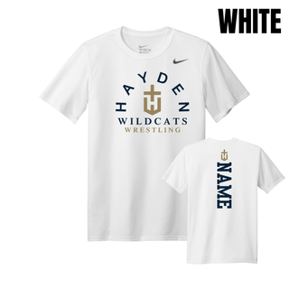 White Hayden Wildcats Arched Wrestling men's rLegend tee shown from the front and back, with the team crest and vertical name design.