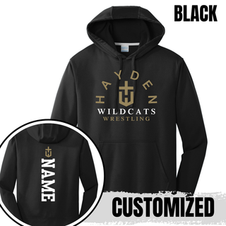 Black Hayden Wildcats Arched Wrestling Performance Hoodie with gold H crest and personalized name shown on the back.