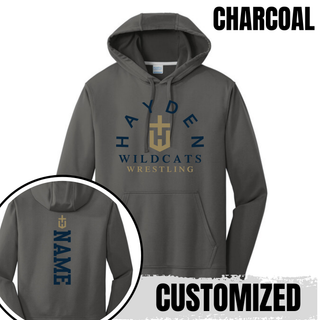 Charcoal Hayden Wildcats Arched Wrestling Performance Hoodie with front crest and personalized name shown on the back.