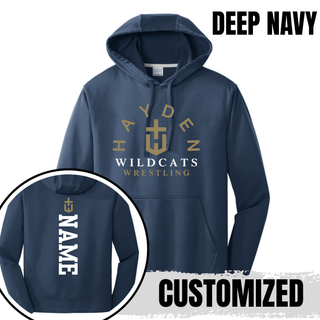 Deep Navy Hayden Wildcats Arched Wrestling Performance Hoodie with gold crest and personalized name shown on the back.