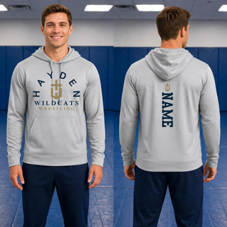 Silver Hayden Wildcats Arched Wrestling Performance Hoodie shown from front and back with personalized name placement.