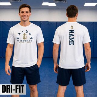 Front and back views of a white Hayden Wildcats Arched Wrestling Performance Top, showing the arched Hayden crest design and vertical name placement.