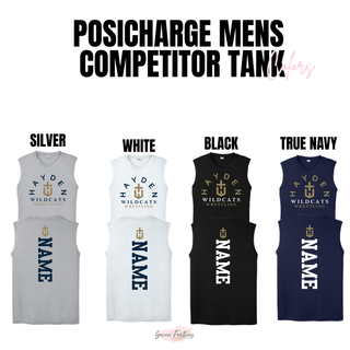 Silver, White, Black, and True Navy Hayden Wildcats Arched Wrestling PosiCharge Competitor Tanks, shown with the front crest and vertical name design on the back.