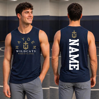 Model wearing the True Navy Hayden Wildcats Arched Wrestling PosiCharge Competitor Tank, shown from the front and back with a vertical name design.