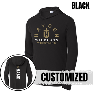 Black Hayden Wildcats Arched Wrestling PosiCharge hooded pullover with the gold H crest and vertical name placement on the back.