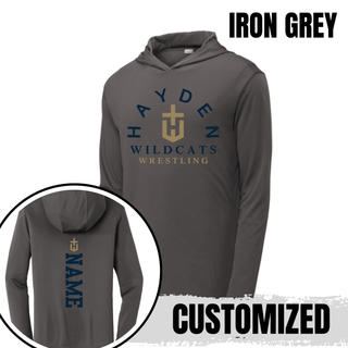 Iron Grey Hayden Wildcats Arched Wrestling PosiCharge hooded pullover with the navy and gold crest and vertical name placement on the back.