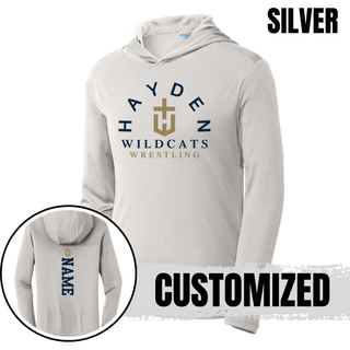 Silver Hayden Wildcats Arched Wrestling PosiCharge hooded pullover with the navy and gold crest and vertical name placement on the back.