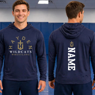 True Navy Hayden Wildcats Arched Wrestling PosiCharge hooded pullover shown on a model from front and back with name placement.