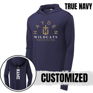 True Navy Hayden Wildcats Arched Wrestling PosiCharge hooded pullover with the gold H crest and vertical name placement on the back.
