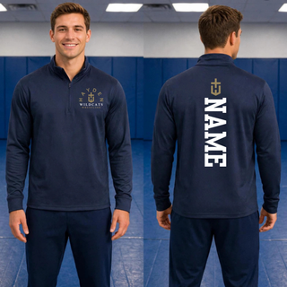 True Navy Hayden Wildcats Arched Wrestling PosiCharge Quarter-Zip Pullover shown on a model from front and back with customizable name placement.
