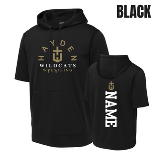 Black short-sleeve hooded pullover shown from front and back, with the Hayden Wildcats Wrestling H-cross design on the front and a vertical name detail on the back.