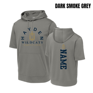 Dark Smoke Grey short-sleeve hooded pullover shown from front and back, with Hayden Wildcats Wrestling artwork and a vertical name detail.