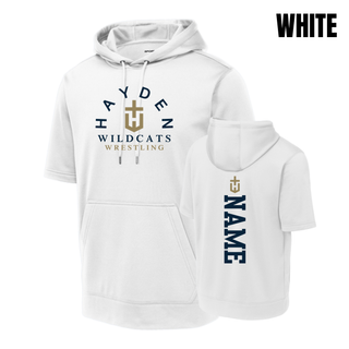 White short-sleeve hooded pullover shown from front and back, with Hayden Wildcats Wrestling artwork and a vertical name detail.