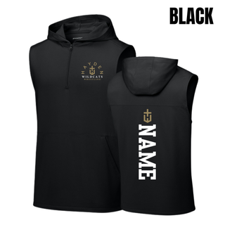 Black sleeveless hooded quarter-zip shown from the front and back, with Hayden Wildcats Wrestling artwork on the left chest and a vertical name graphic below an H-cross on the back.