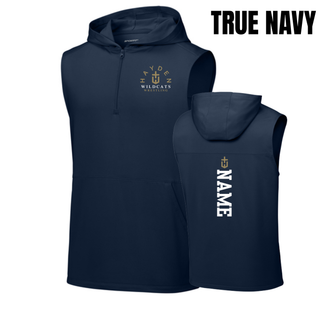 True Navy sleeveless hooded quarter-zip shown from the front and back, with Hayden Wildcats Wrestling chest artwork and a vertical name graphic on the back.