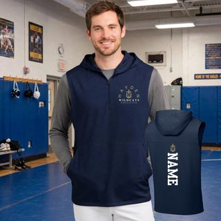 True Navy sleeveless hooded quarter-zip shown on a model and from the back, with Hayden Wildcats Wrestling artwork on the left chest and a vertical name graphic below an H-cross on the back.
