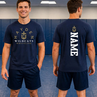 Front and back view of a navy Hayden Wildcats Arched Wrestling Top with Hayden above the H crest and Wildcats Wrestling below; the back shows a vertical name placement.