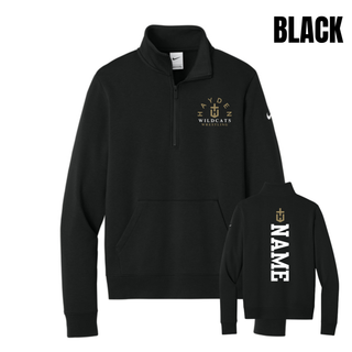 Black women's Club Fleece half-zip shown from the front and back, with Hayden Wildcats Wrestling artwork on the left chest and a vertical name graphic below an H-cross on the back.