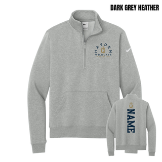 Dark Grey Heather women's Club Fleece half-zip shown from the front and back, with Hayden Wildcats Wrestling artwork on the left chest and a vertical name graphic below an H-cross on the back.