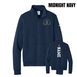 Midnight Navy women's Club Fleece half-zip shown from the front and back, with Hayden Wildcats Wrestling artwork on the left chest and a vertical name graphic below an H-cross on the back.